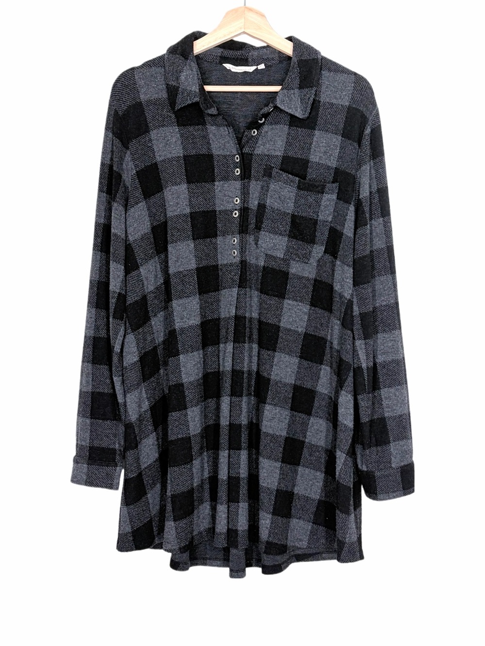 Soft Surroundings Mad About Plaid Cozy Popover Henley Tunic Large Black Gray